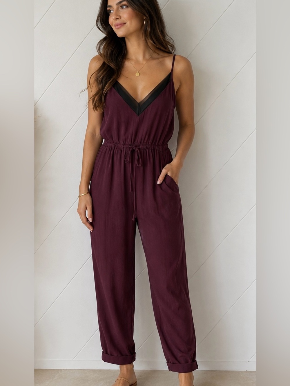 Trouve Nordstrom Sleeveless V-Neck Drawstring Jumpsuit in Plum